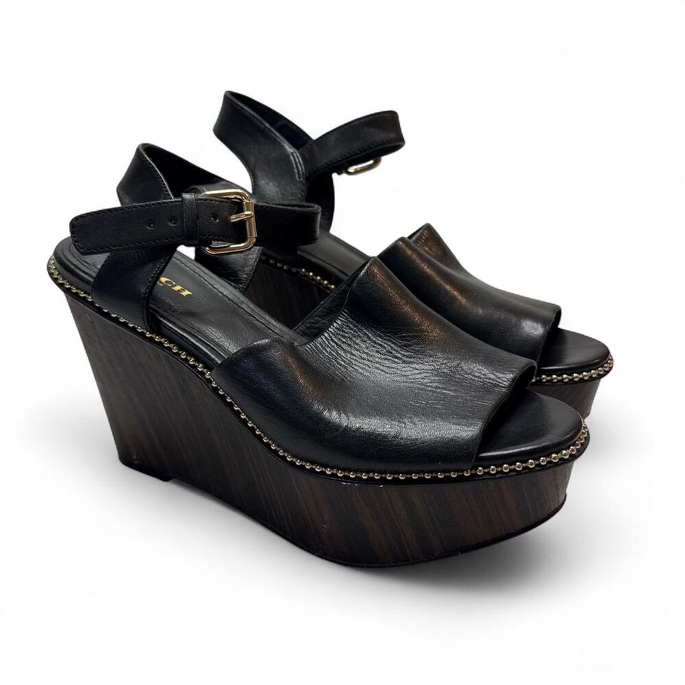 Coach Black Leather Platform Wedge Sandals studded detail Gold Hardware size 6